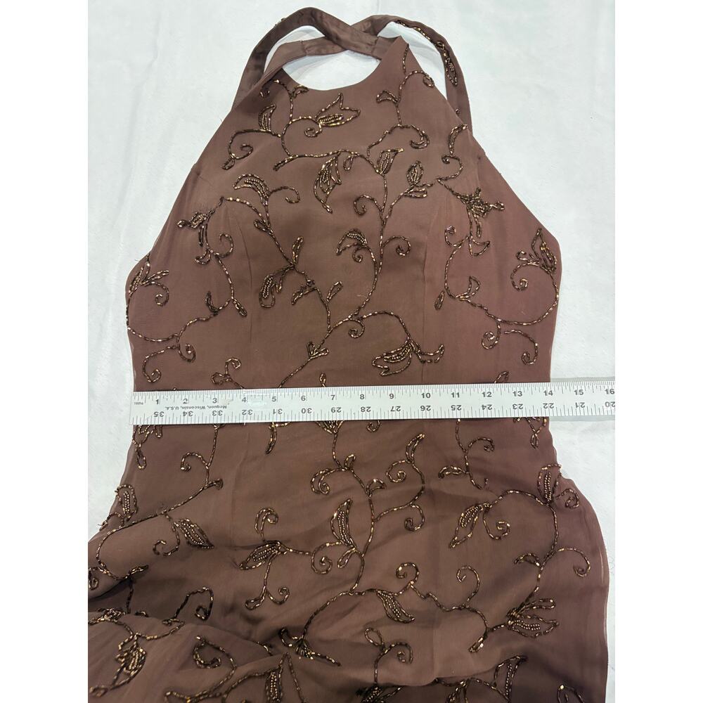 Cassandra Stone Brown 100% Silk Floral Beaded Halter Formal Prom Dress Womens 8 - Picture 7 of 11